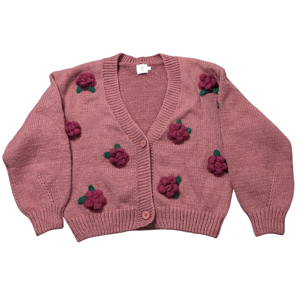 Luna Ivy 3-D Floral Knit Cardigan Sweater Pink Flowers Sizes Small